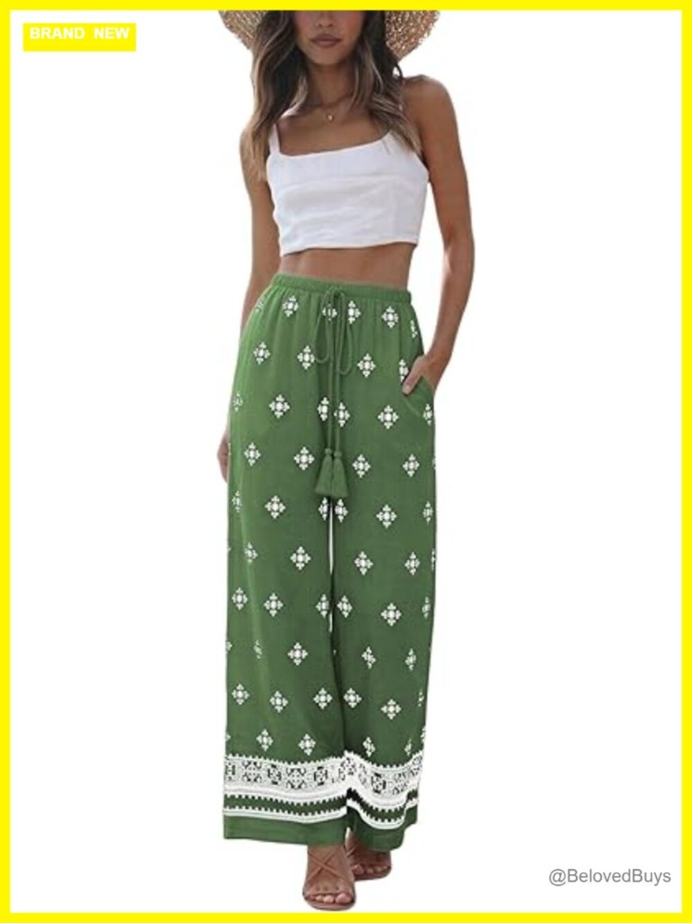 Wide Leg Linen Pants with Pockets - Floral Palazzo Trousers